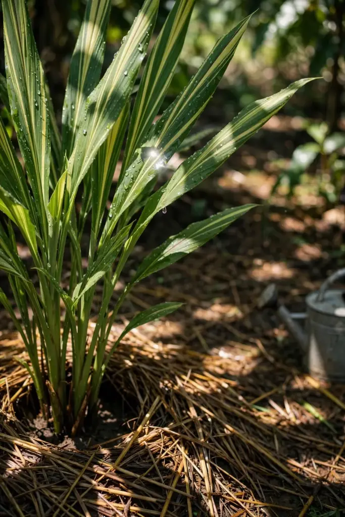 Temulawak bed with fresh straw mulch and water droplets on the leaves