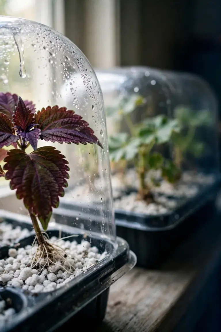 Coleus and geranium cuttings rooted in moist perlite under a clear dome on a bright windowsill tray