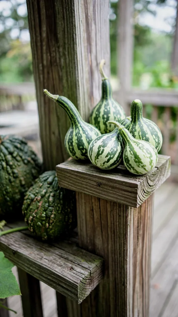 Tiny Tennessee Dancing gourds with long necks clustered on a porch post cap