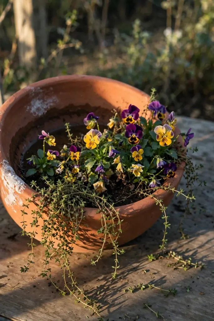 Terracotta bowl of pansies and violas with creeping thyme at the rim