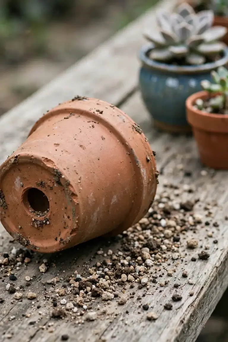 Terracotta pot tipped to show its drainage hole with water running into a saucer
