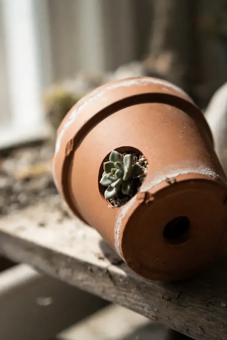 Terracotta pot tilted to show its drainage hole in the base