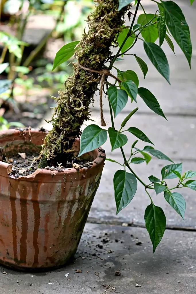Javanese long pepper vine in a weathered terracotta pot climbing a moss pole