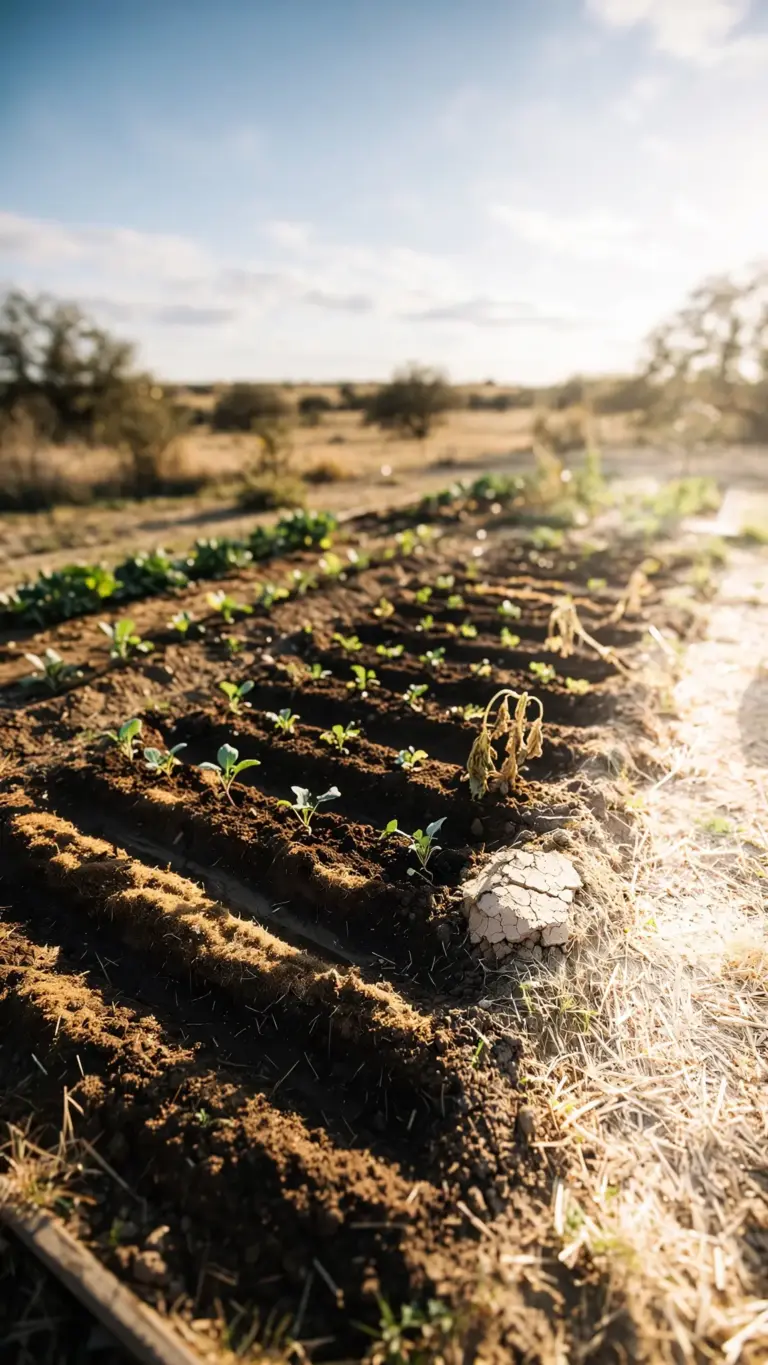 Texas fall garden bed with amended dark soil and young transplants