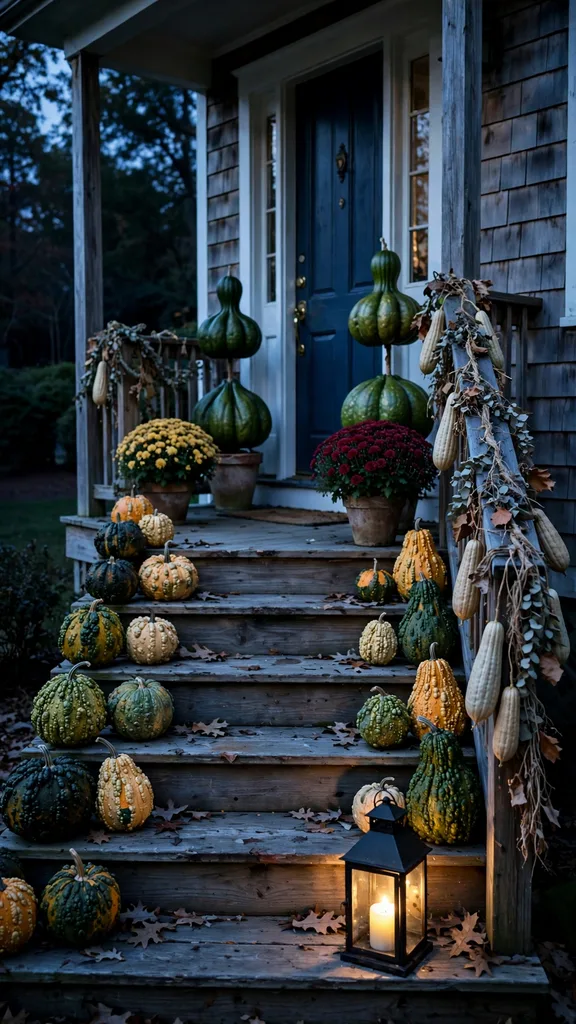 Front porch at dusk with gourd displays on the steps, a topiary by the door, and a lantern glowing.