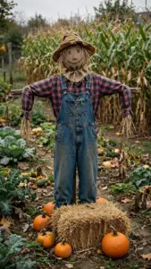 A life-size scarecrow standing guard over a fall garden with pumpkins and hay bales around it