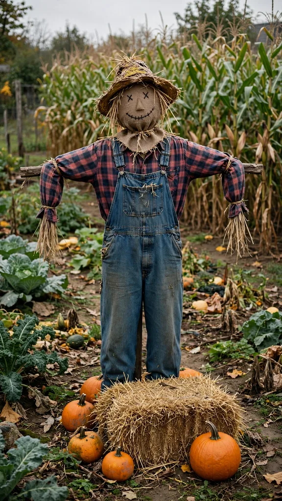 A life-size scarecrow standing guard over a fall garden with pumpkins and hay bales around it