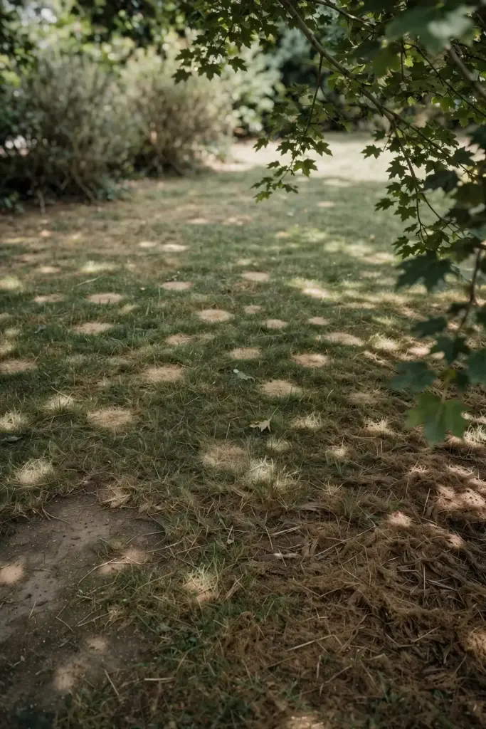 Shaded lawn with thin turf, thick thatch, and straw-colored dollar spot patches.