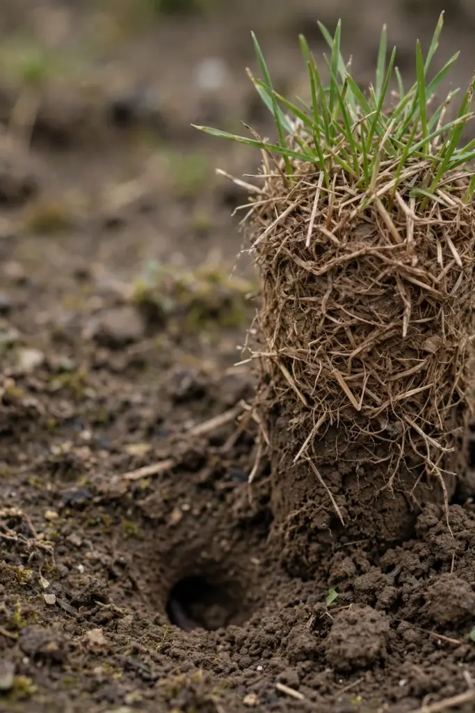 Soil plug showing a thick thatch mat between grass blades and soil