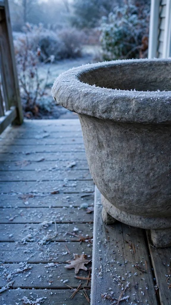 A thick stone urn with frost on its rim standing on a porch step