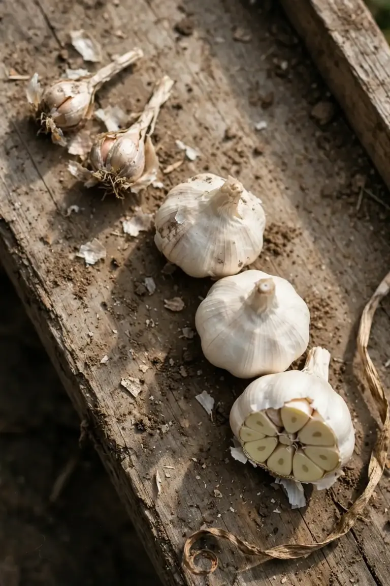 Thin garlic bulbs beside fat healthy bulbs on a timber board