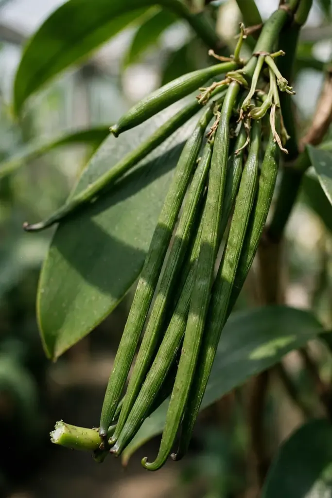 Young green vanilla pods on a raceme after thinning