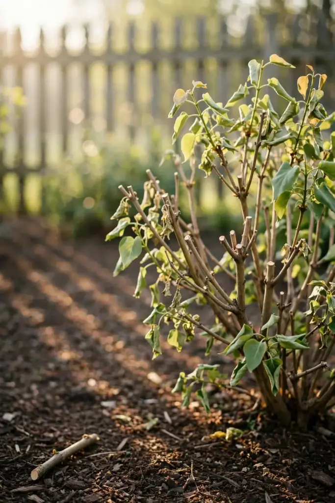 Freshly thinned lilac shrub with an open canopy and light reaching inner branches.