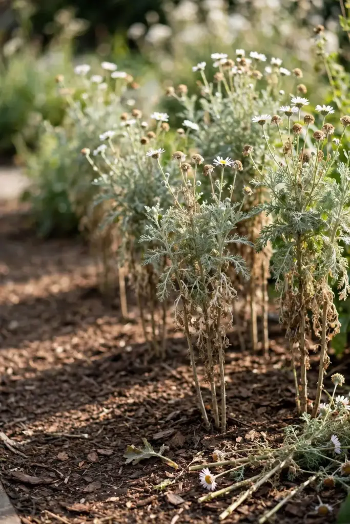 Thinned perennial canopy with air gaps between plants and pruned lower stems.