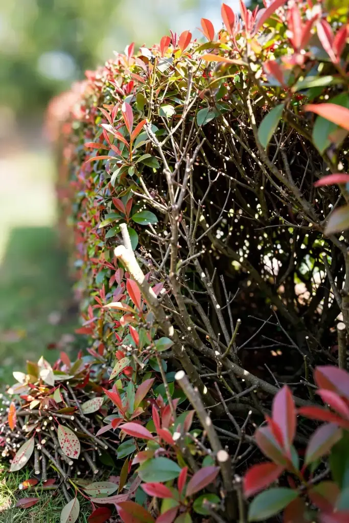 Freshly thinned photinia hedge with visible gaps letting light into the interior