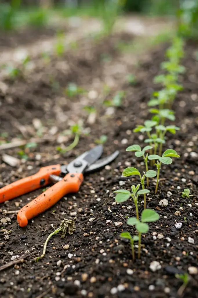 Young adzuki seedlings being thinned with scissors in a garden row