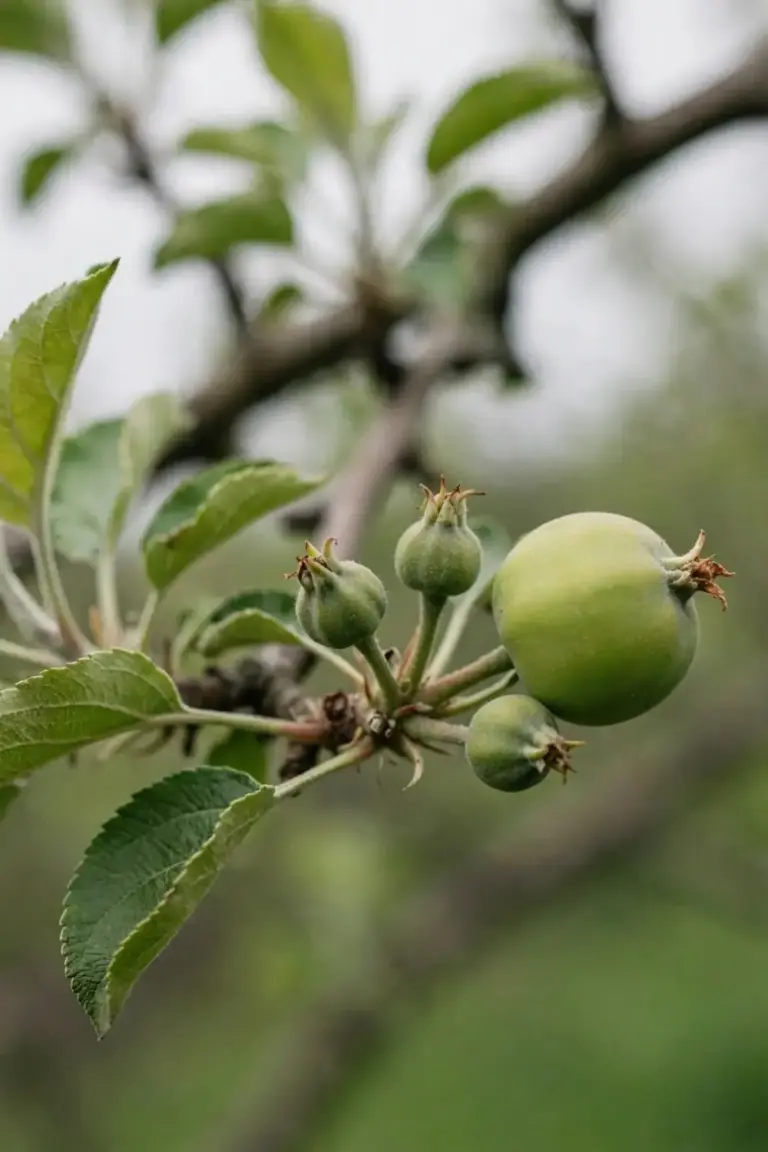 Small apple fruitlets in a cluster, one larger than the rest