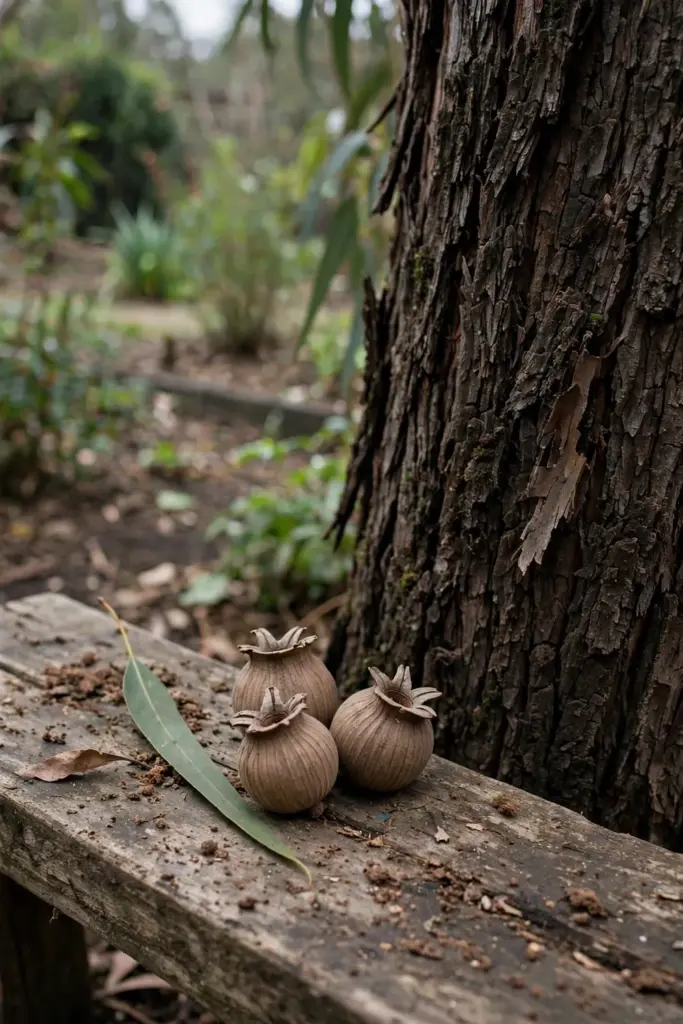 Tree trunk with furrowed bark beside a leaf and gum nuts on a bench