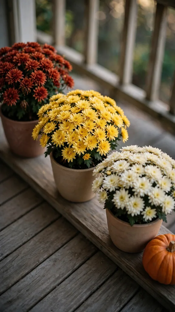 Three mum colors, rust, gold, and cream, grouped with pumpkins on a step