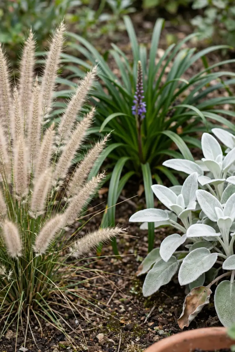 True fountain grass, strappy liriope and silver lamb's ear growing side by side