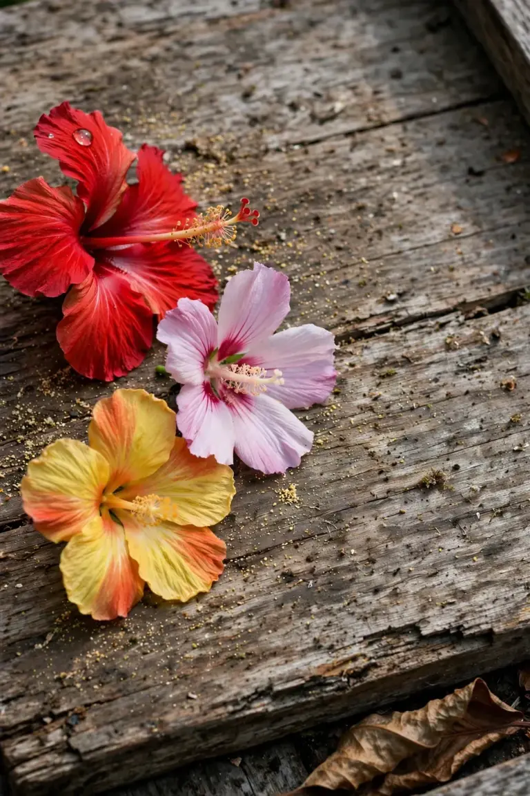 Three hibiscus flowers side by side: red tropical funnel bloom, pink rose of Sharon, yellow cottonwood flower