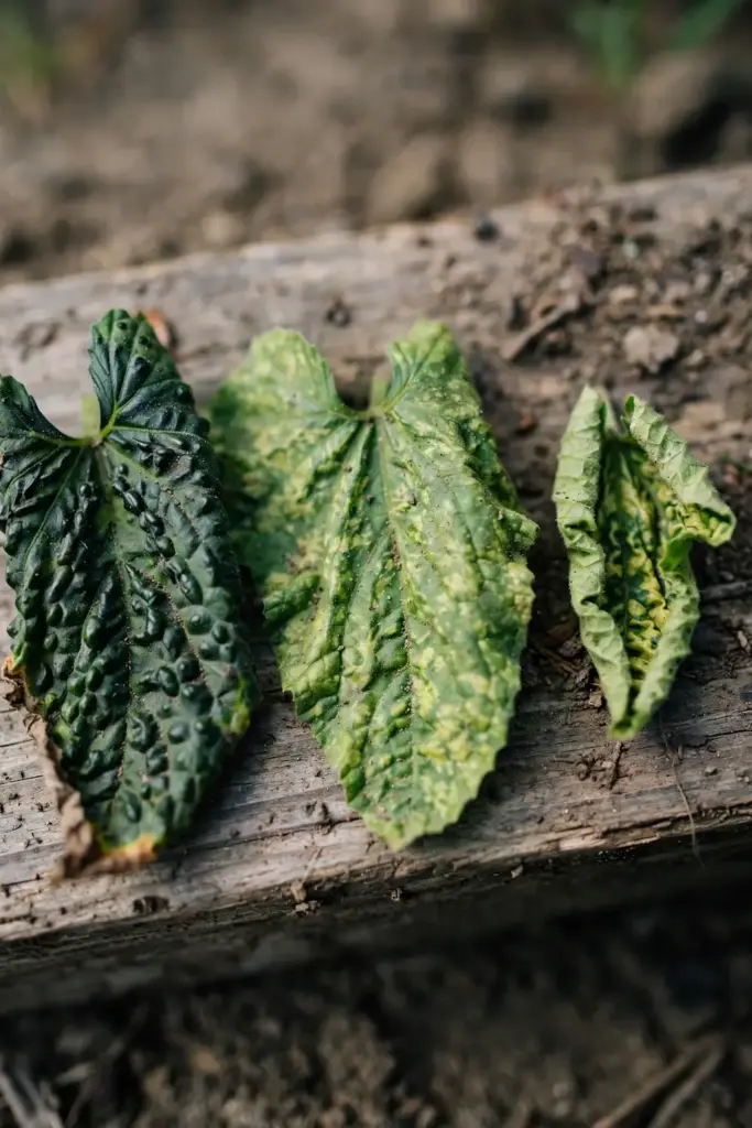 Three cucurbit leaves showing three different mosaic patterns side by side.