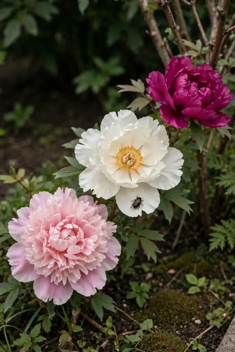 Three peony blooms side by side: pink double herbaceous, white Itoh, and magenta tree peony