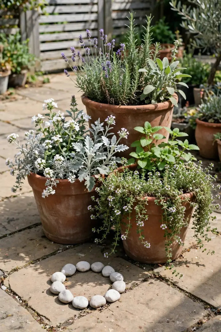 Three large pots on a patio holding herbs, white moon flowers, and trailing thyme in a miniature witch garden