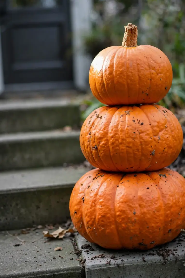 Three graduated orange pumpkins stacked into a topiary beside front porch steps