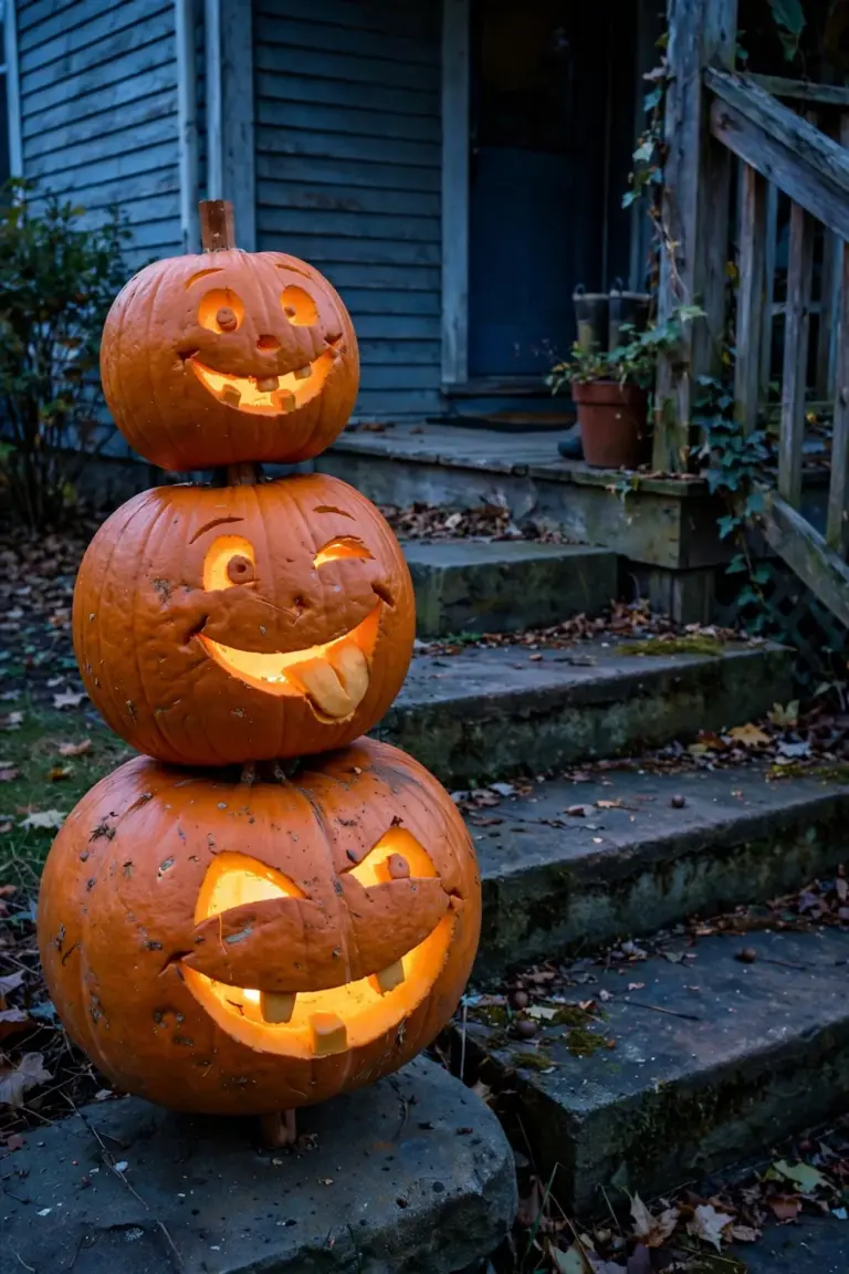 Totem stack of three carved pumpkins with a different funny face on each, all three glowing beside porch steps