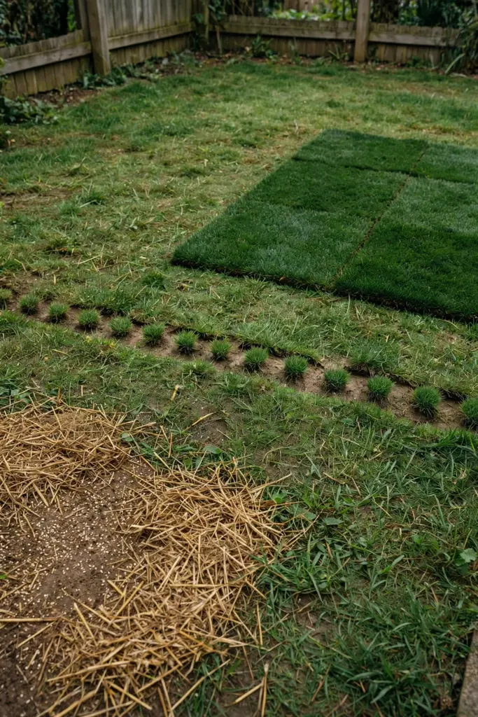 Lawn showing a seeded patch, a plugged patch, and a turf square side by side