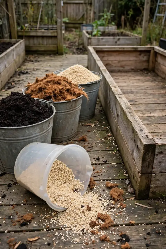 Three piles of soil ingredients in buckets: compost, coir, and perlite beside a bed