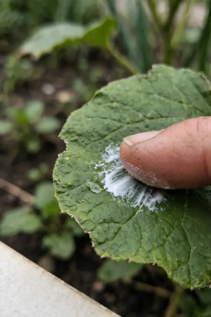 Fingertip rubbing a white patch on a leaf beside a notebook in a garden bed