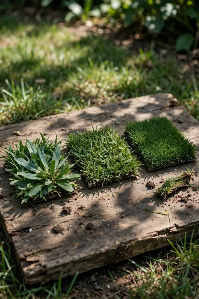 Three square turf samples on a timber board showing broad, coarse, and fine leaves