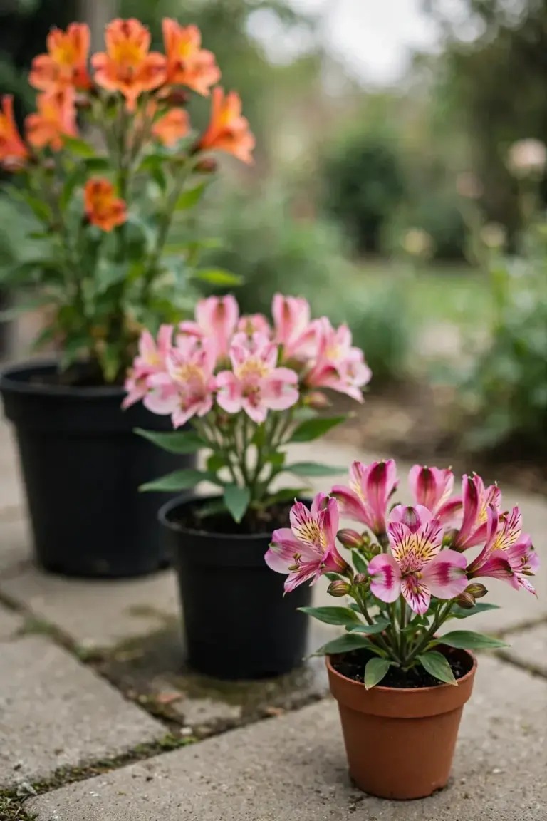Three alstroemeria varieties in pots: tall orange, mid pink, and dwarf magenta