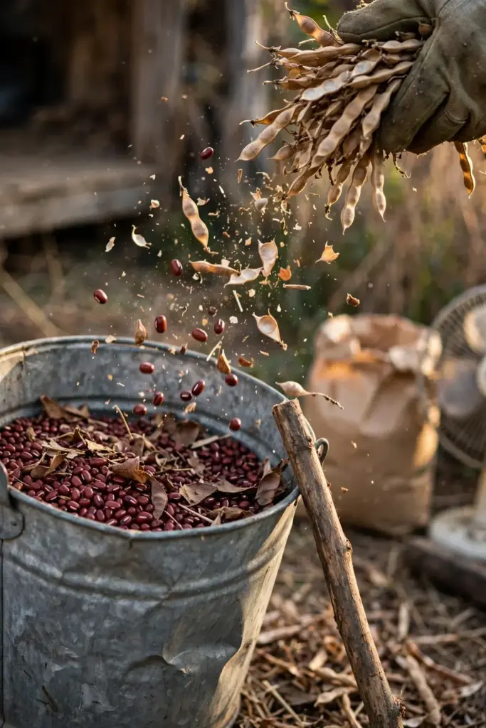 Hands in garden mitts threshing dry adzuki bean pods over a bucket