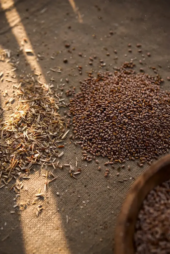 Tiny isabgol seeds separated from chaff on a tarp
