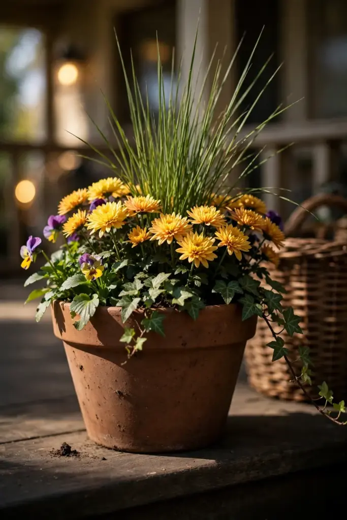 Thriller filler spiller container pot with grass, mums, and ivy