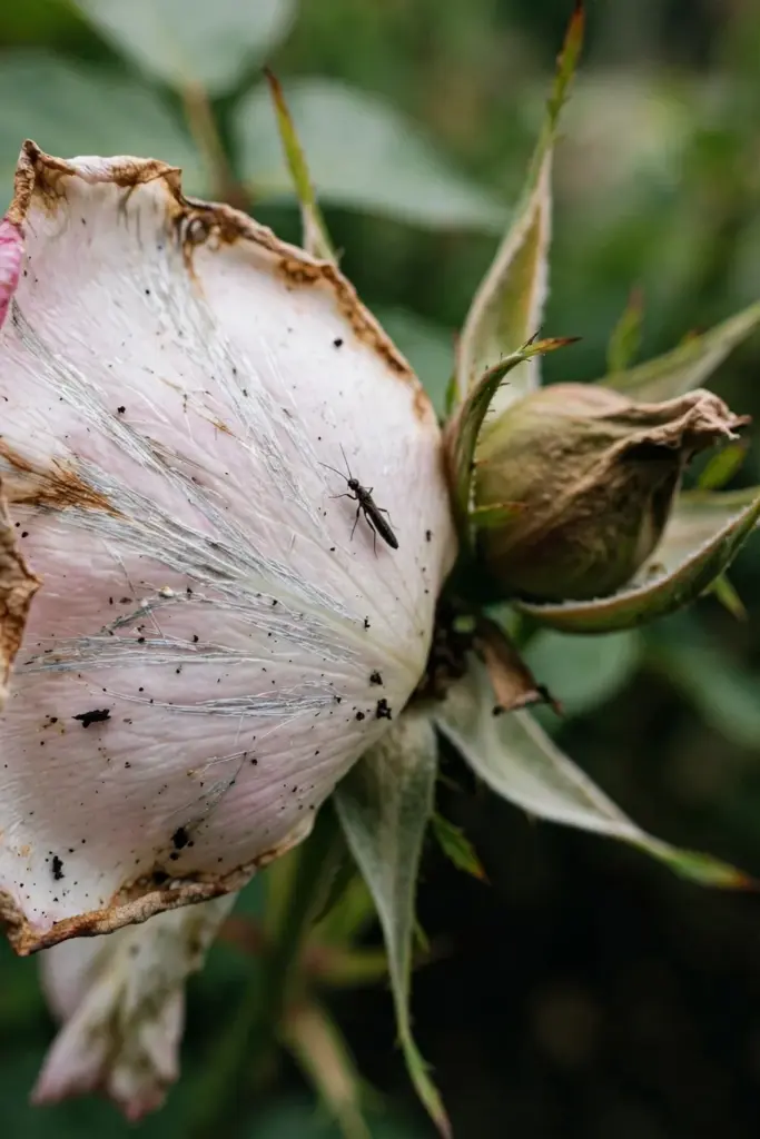 Silvered streaks and brown edges on a thrips-damaged rose petal