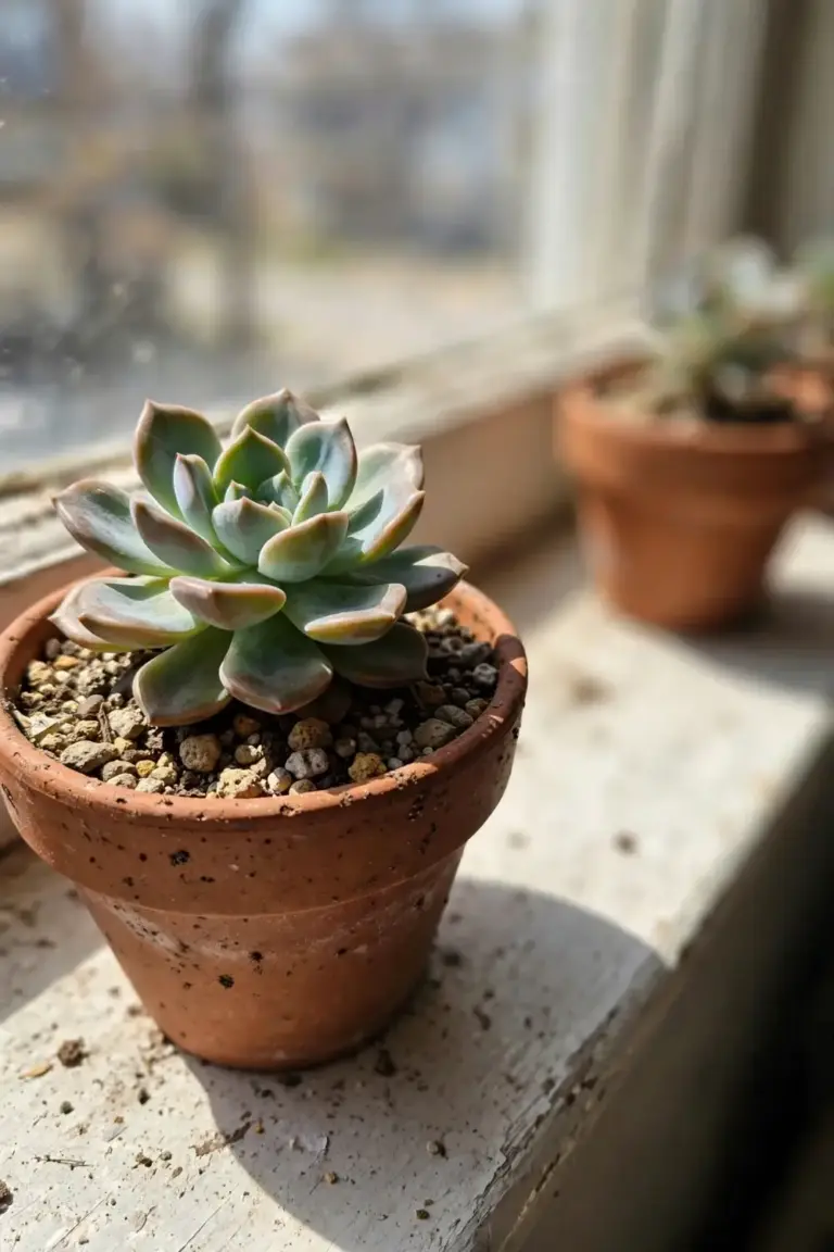 Thriving potted echeveria on a sunny sill after a dry week