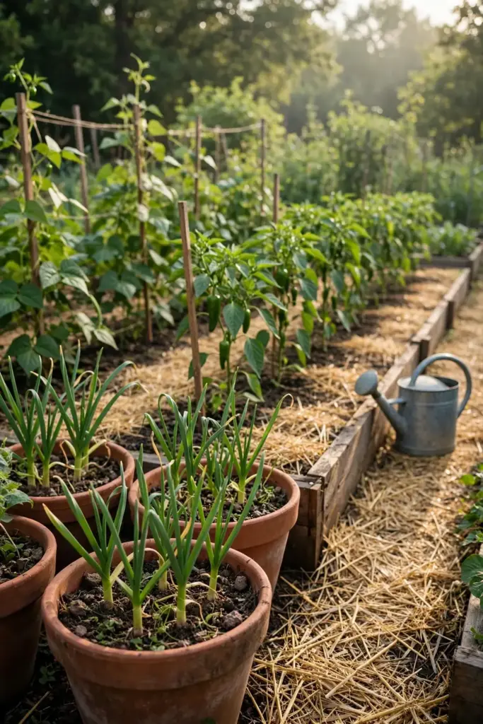 Thriving garden with container garlic and healthy non-allium beds.