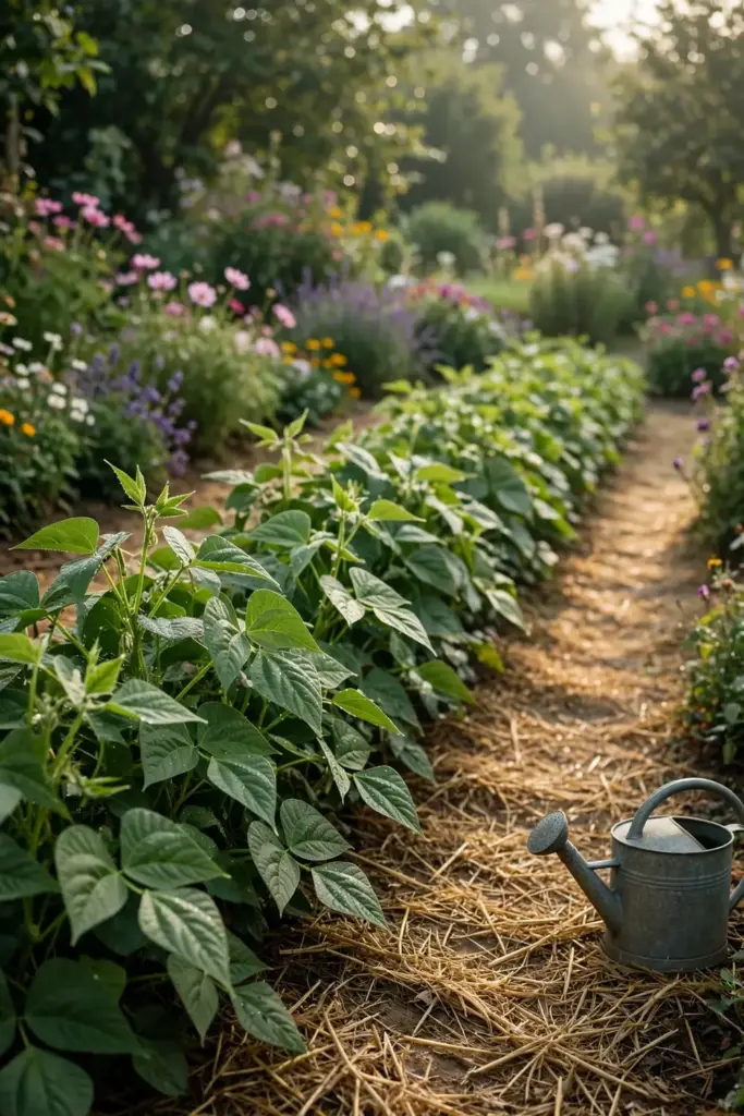 Thriving home garden with spaced bean rows and perennials in morning light.