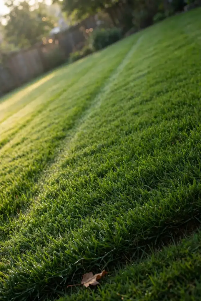 Thick healthy lawn with a fresh mowed stripe in soft morning light.
