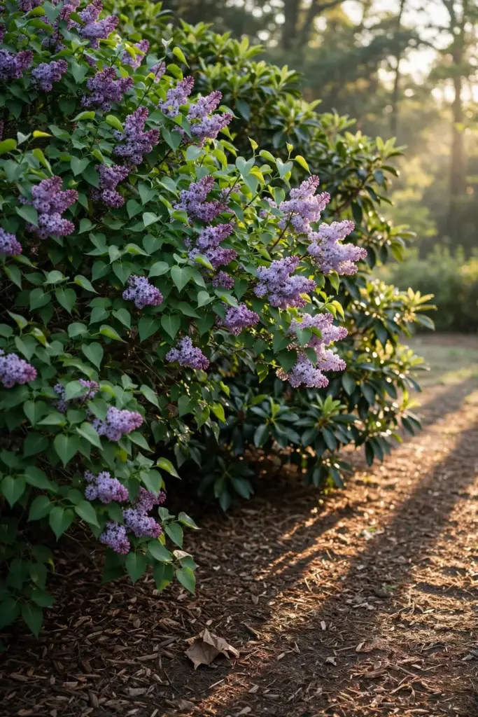 Thriving lilac shrub with green leaves in soft morning light.
