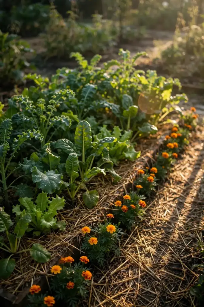 Thriving vegetable bed in morning light after a season of careful management.