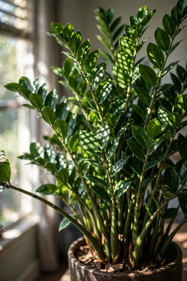 Mature thriving ZZ plant with dense fountain of glossy deep-green stems