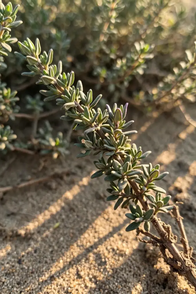 Thyme sprig with tiny oval leaves and woody stem base