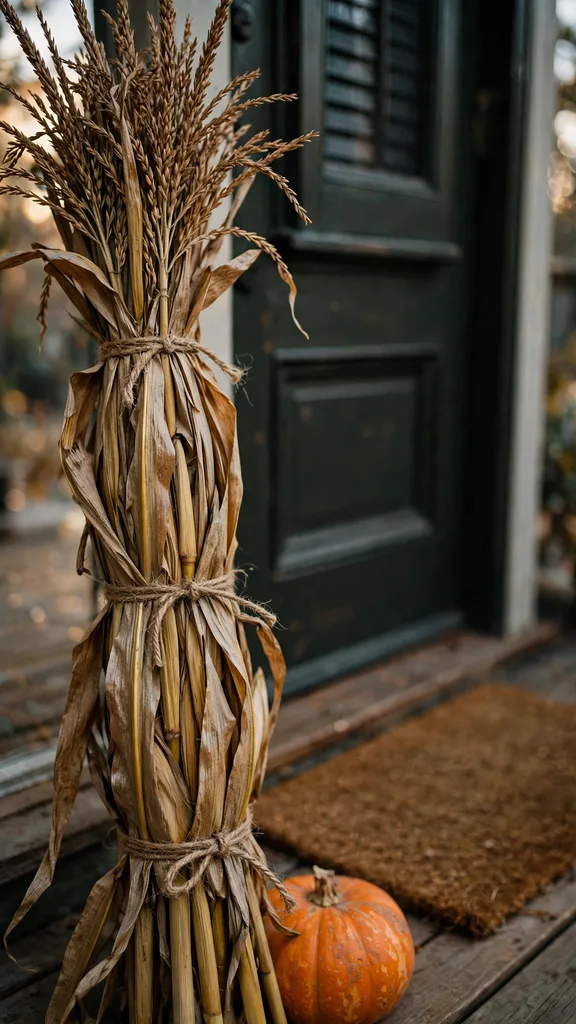 A tied corn stalk bundle flanking a front door on a porch
