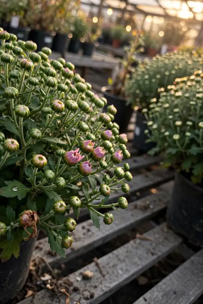 Tight unopened mum buds in nursery pots on a garden center bench