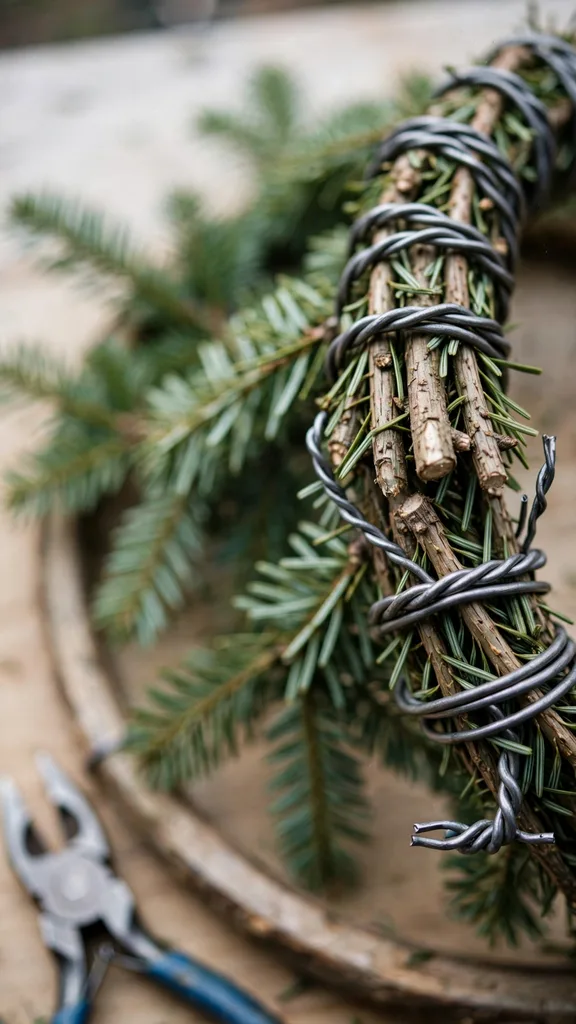 Close view of wire wrapped three times around evergreen bundle stems on a wreath frame